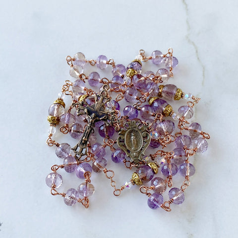 the Eulalia rosary, handmade unbreakable heirloom quality high end durable rosaries, ametrine and solid bronze construction