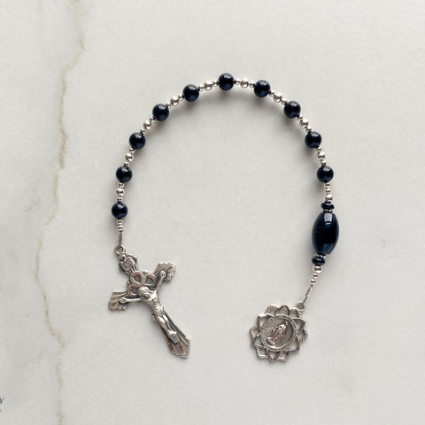 the Zachary chaplet, handmade heirloom quality high end gemstone chaplets and rosaries, onyx and solid sterling silver accents on soft flex wire