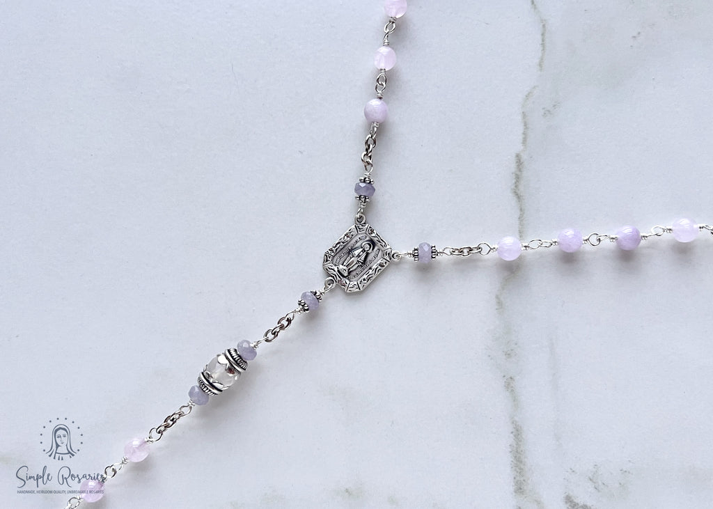 Handmade, heirloom-quality rosary featuring unbreakable Cape Amethyst beads and durable solid sterling silver construction, designed for lasting beauty and spiritual significance