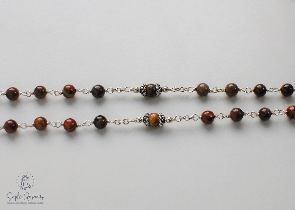handmade, heirloom-quality, unbreakable wooden agate rosary, solid sterling silver construction