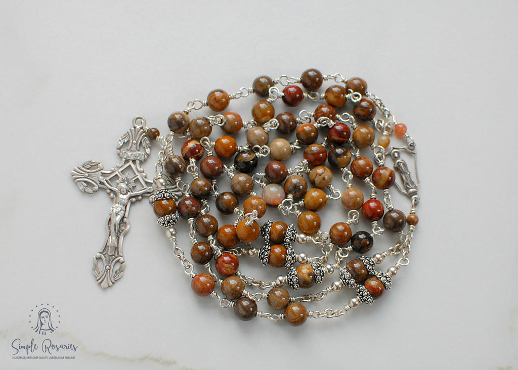 handmade, heirloom-quality, unbreakable wooden agate rosary, solid sterling silver construction