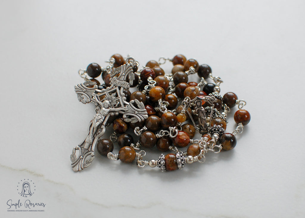 handmade, heirloom-quality, unbreakable wooden agate rosary, solid sterling silver construction