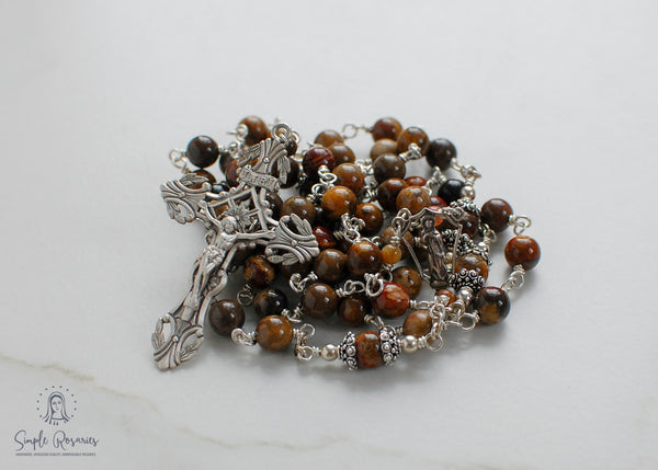 handmade, heirloom-quality, unbreakable wooden agate rosary, solid sterling silver construction