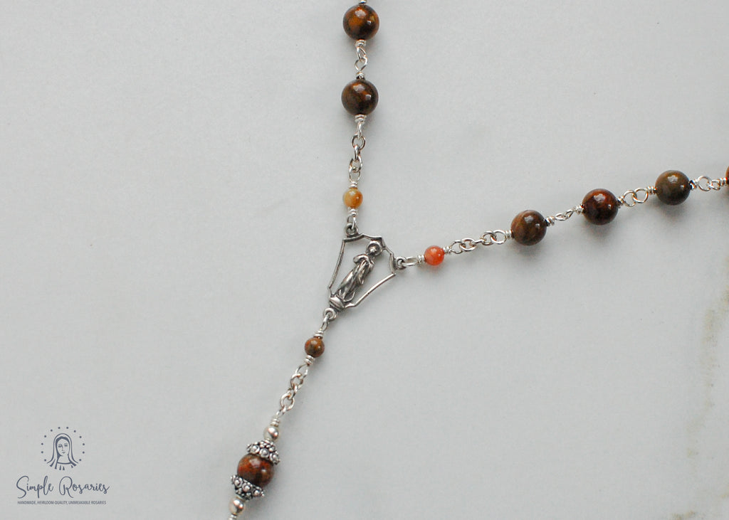 handmade, heirloom-quality, unbreakable wooden agate rosary, solid sterling silver construction
