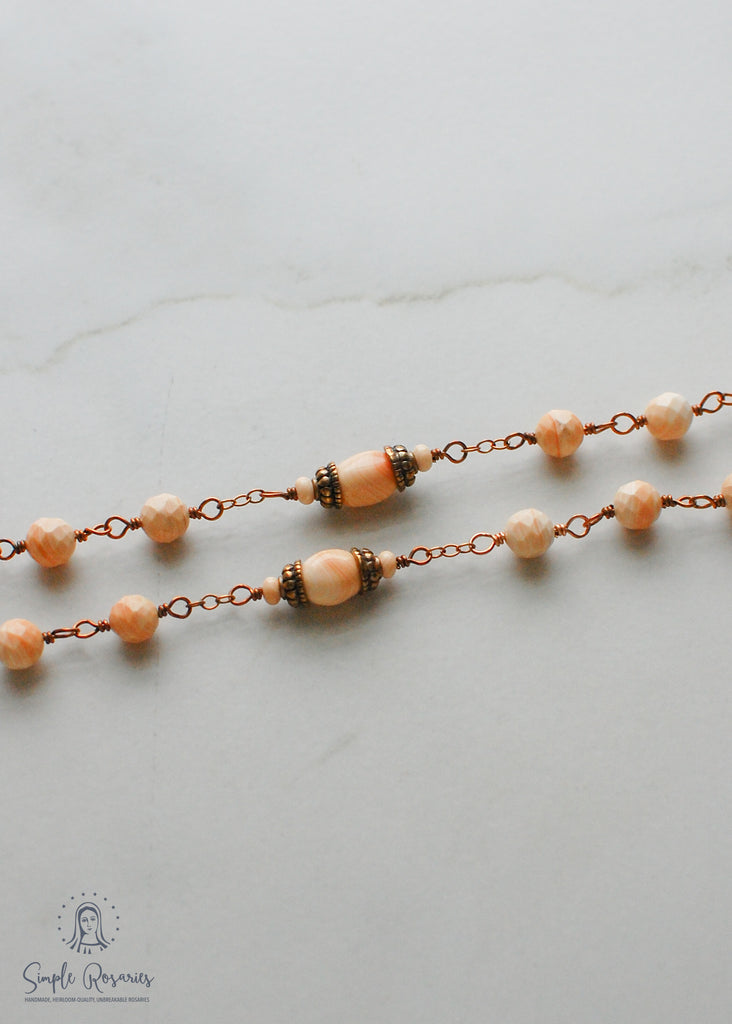 handmade, heirloom-quality, unbreakable, high end gemstone corniola shell rosary solid bronze construction