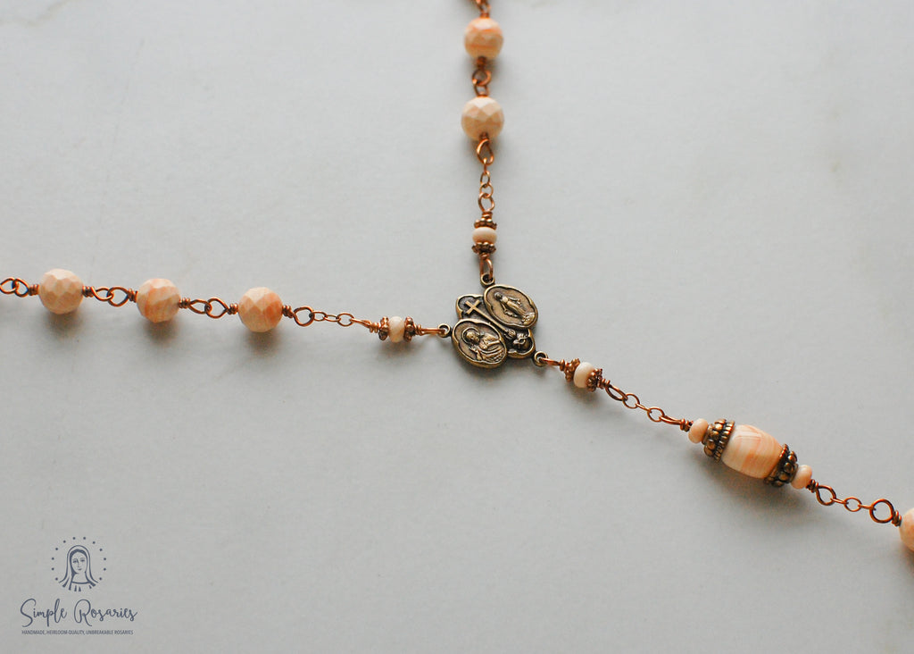 handmade, heirloom-quality, unbreakable, high end gemstone corniola shell rosary solid bronze construction