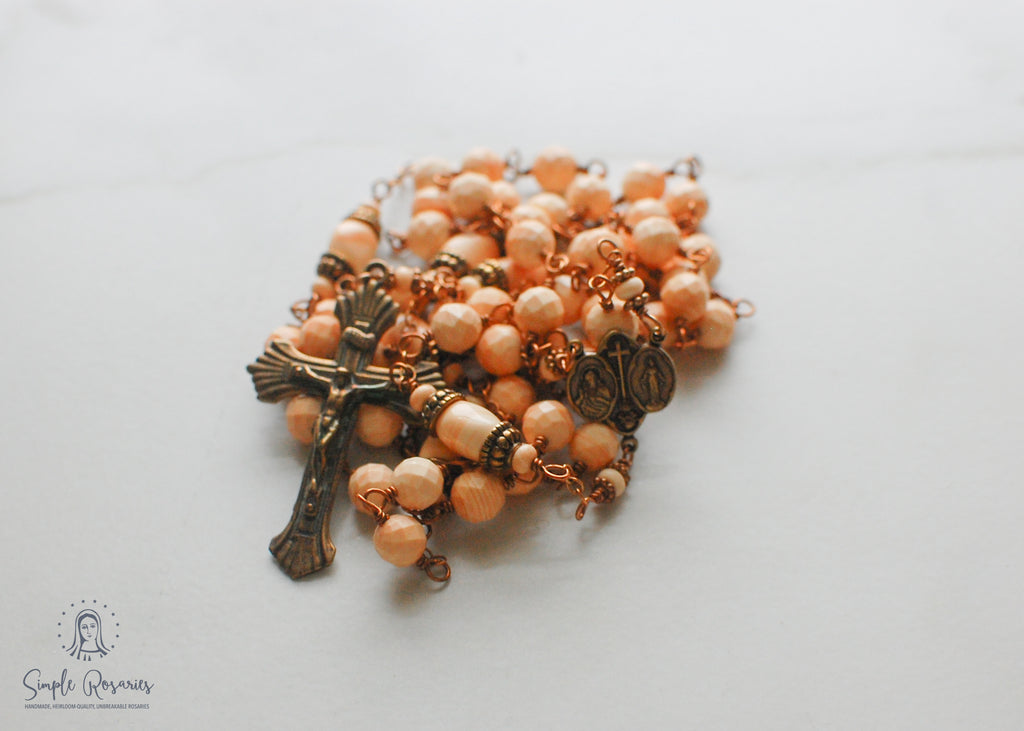 handmade, heirloom-quality, unbreakable, high end gemstone corniola shell rosary solid bronze construction