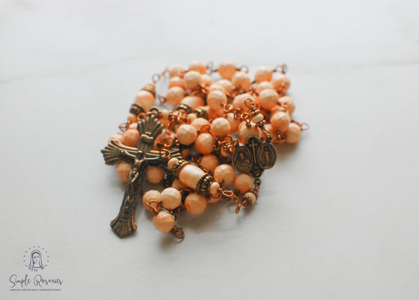 handmade, heirloom-quality, unbreakable, high end gemstone corniola shell rosary solid bronze construction