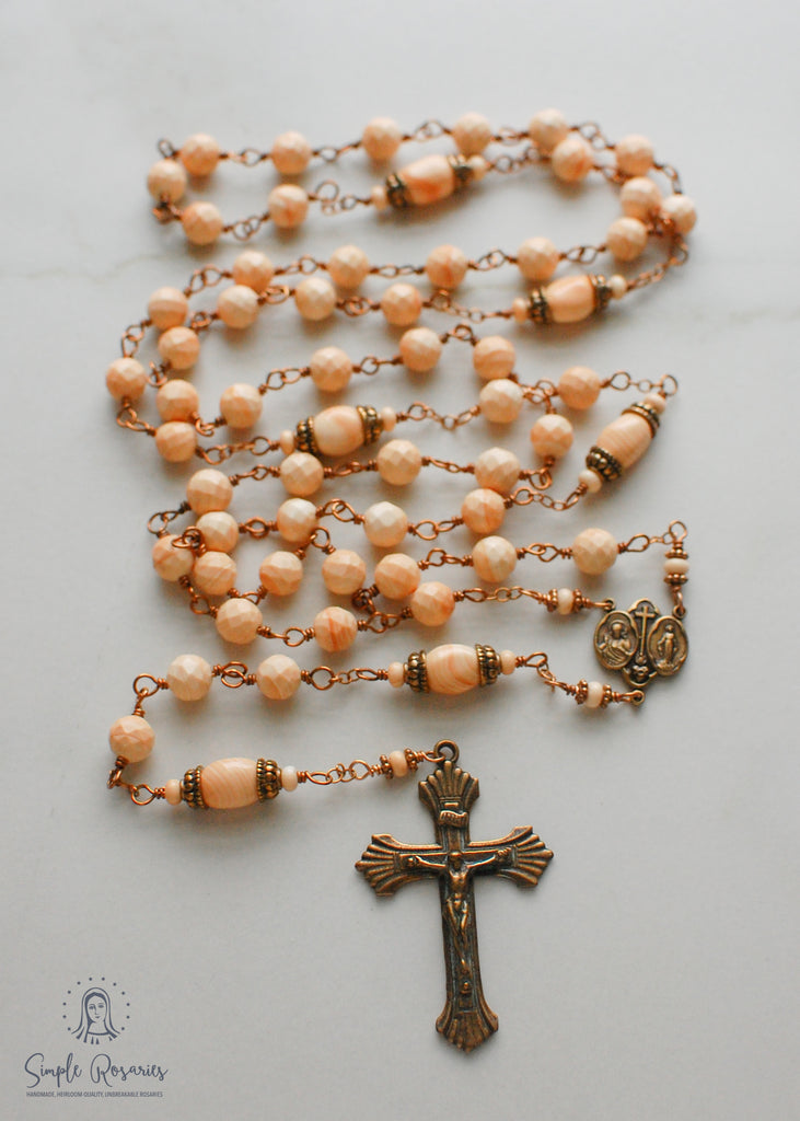 handmade, heirloom-quality, unbreakable, high end gemstone corniola shell rosary solid bronze construction