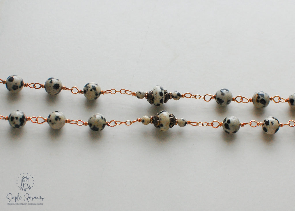 handmade, heirloom-quality, unbreakable, high end gemstone Dalmatian jasper rosary solid bronze construction