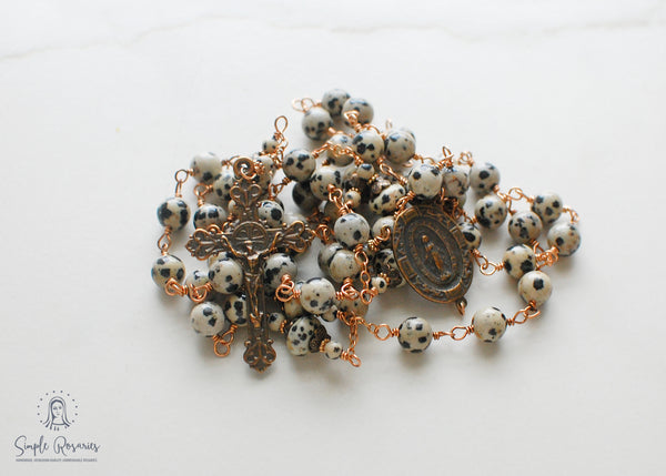 handmade, heirloom-quality, unbreakable, high end gemstone Dalmatian jasper rosary solid bronze construction