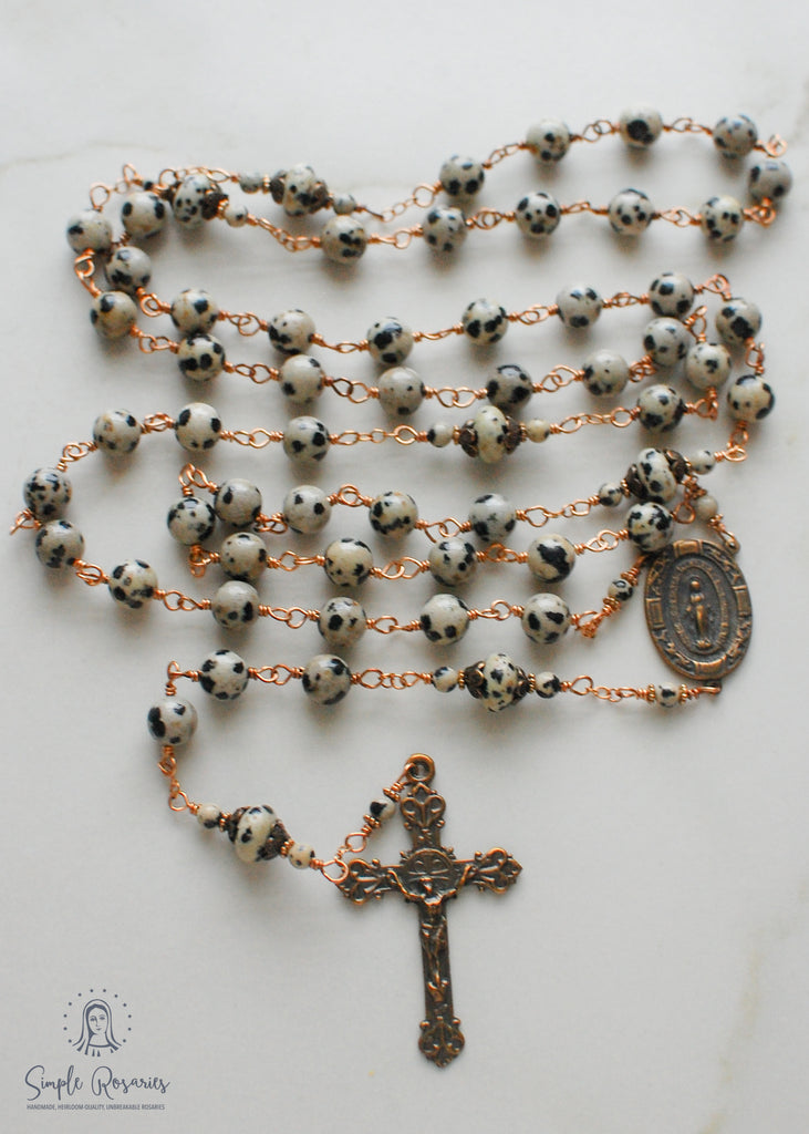 handmade, heirloom-quality, unbreakable, high end gemstone Dalmatian jasper rosary solid bronze construction
