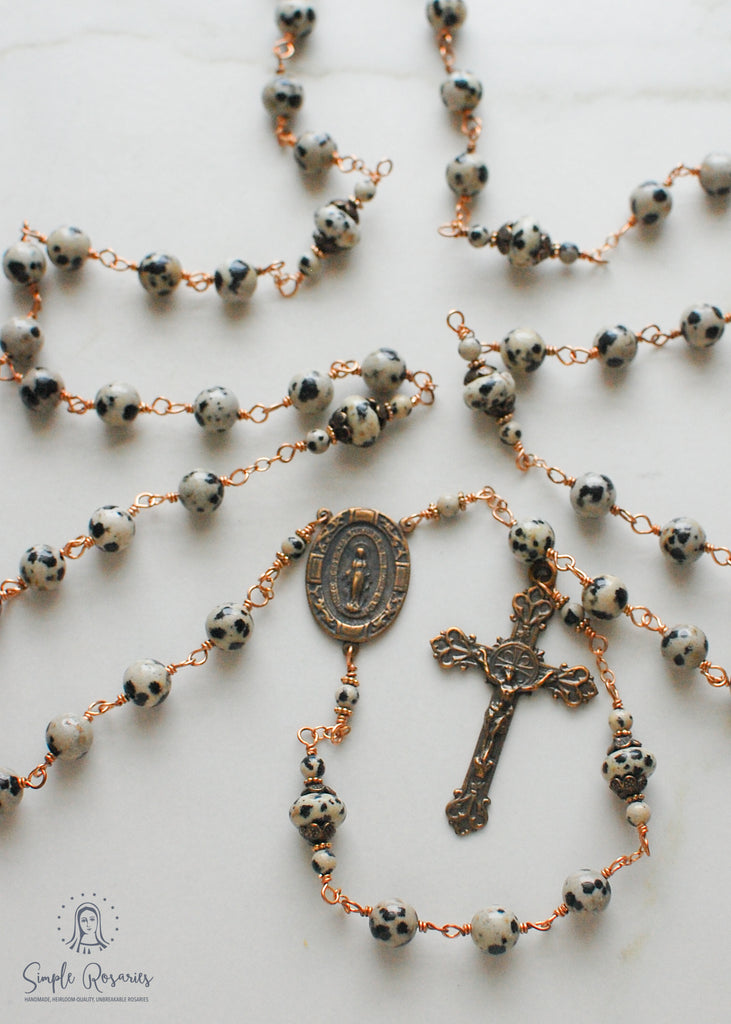 handmade, heirloom-quality, unbreakable, high end gemstone Dalmatian jasper rosary solid bronze construction