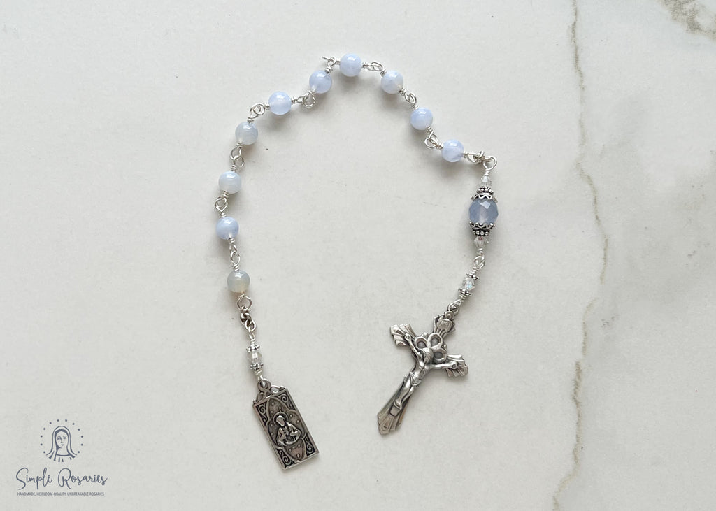 handmade, heirloom-quality, unbreakable chaplet with chalcedony and sterling silver components, Swarovski Crystal accents, scapular medal