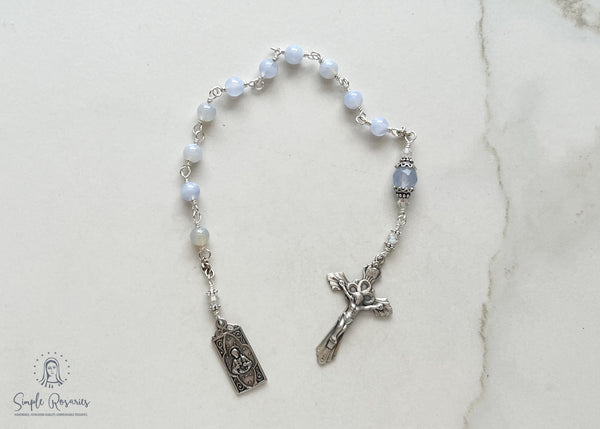 handmade, heirloom-quality, unbreakable chaplet with chalcedony and sterling silver components, Swarovski Crystal accents, scapular medal