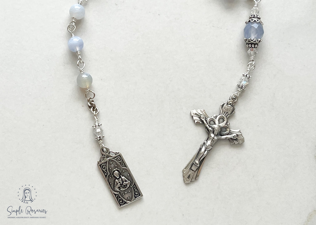 handmade, heirloom-quality, unbreakable chaplet with chalcedony and sterling silver components, Swarovski Crystal accents, scapular medal