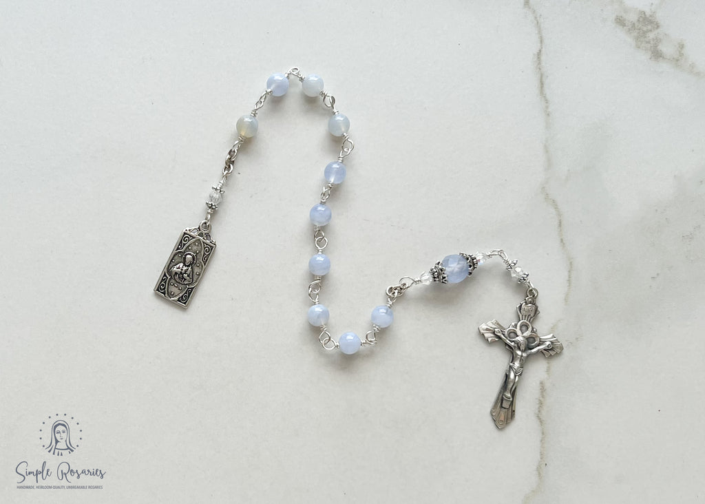 handmade, heirloom-quality, unbreakable chaplet with chalcedony and sterling silver components, Swarovski Crystal accents, scapular medal