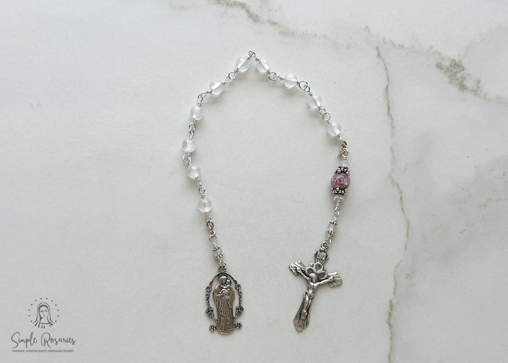 handmade heirloom quality unbreakable chaplet, rose quartz and solid sterling silver construction, miraculous medal and crystal lampwork bead