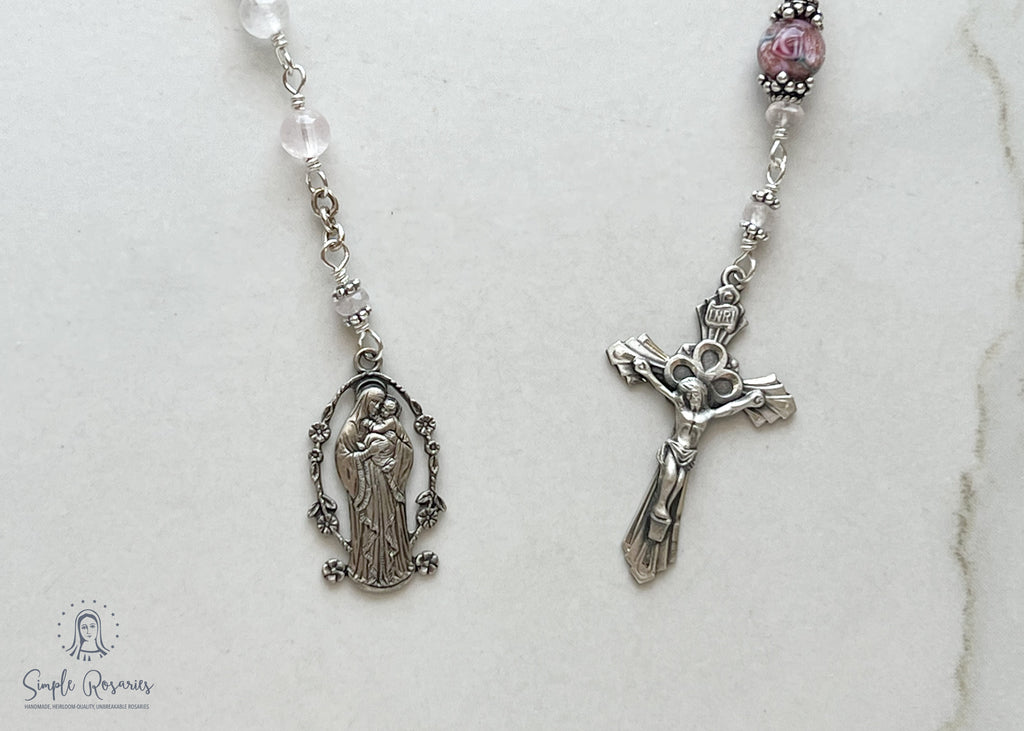 handmade heirloom quality unbreakable chaplet, rose quartz and solid sterling silver construction, miraculous medal and crystal lampwork bead