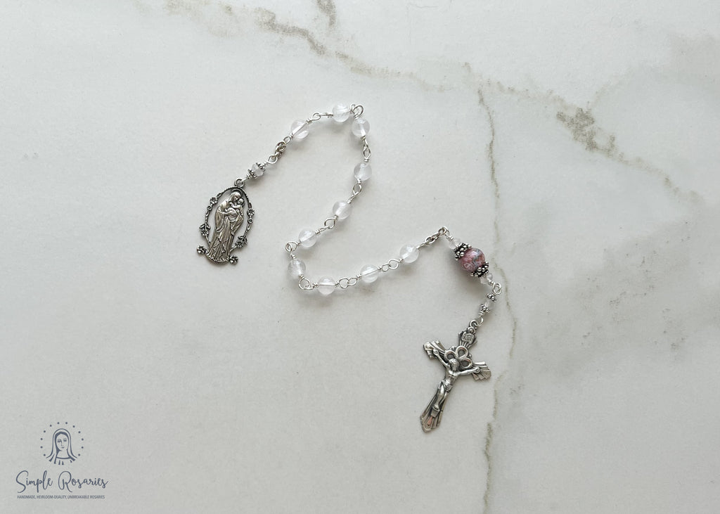 handmade heirloom quality unbreakable chaplet, rose quartz and solid sterling silver construction, miraculous medal and crystal lampwork bead