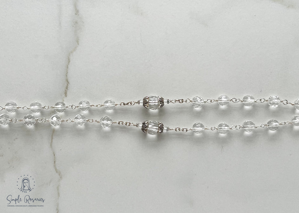 handmade, heirloom-quality, unbreakable rock crystal rosary, high quality gemstones, solid sterling silver construction