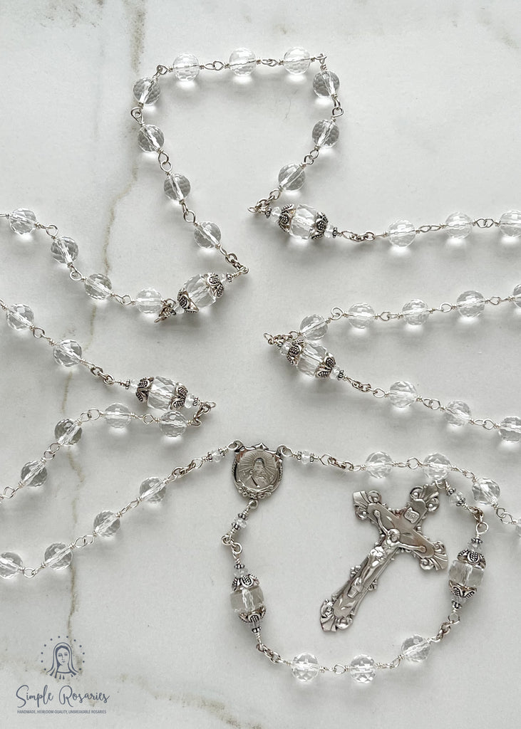 handmade, heirloom-quality, unbreakable rock crystal rosary, high quality gemstones, solid sterling silver construction