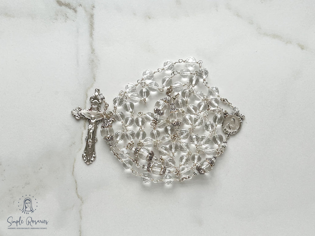 handmade, heirloom-quality, unbreakable rock crystal rosary, high quality gemstones, solid sterling silver construction