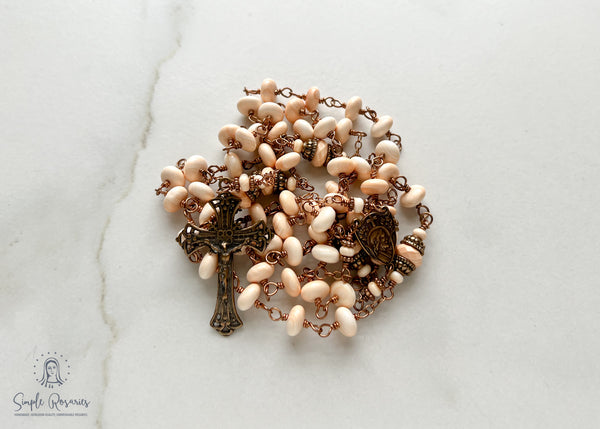 handmade, heirloom-quality, unbreakable corniola shell rosary, solid bronze construction, high-quality gemstones