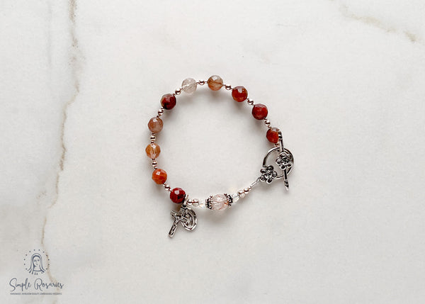 handmade, heirloom quality quartz rosary bracelet, solid sterling silver components, Swarovski crystal, crucifix, and miraculous medal