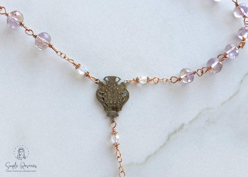 handmade, heirloom-quality, unbreakable ametrine rosary, solid bronze construction, high-quality gemstones