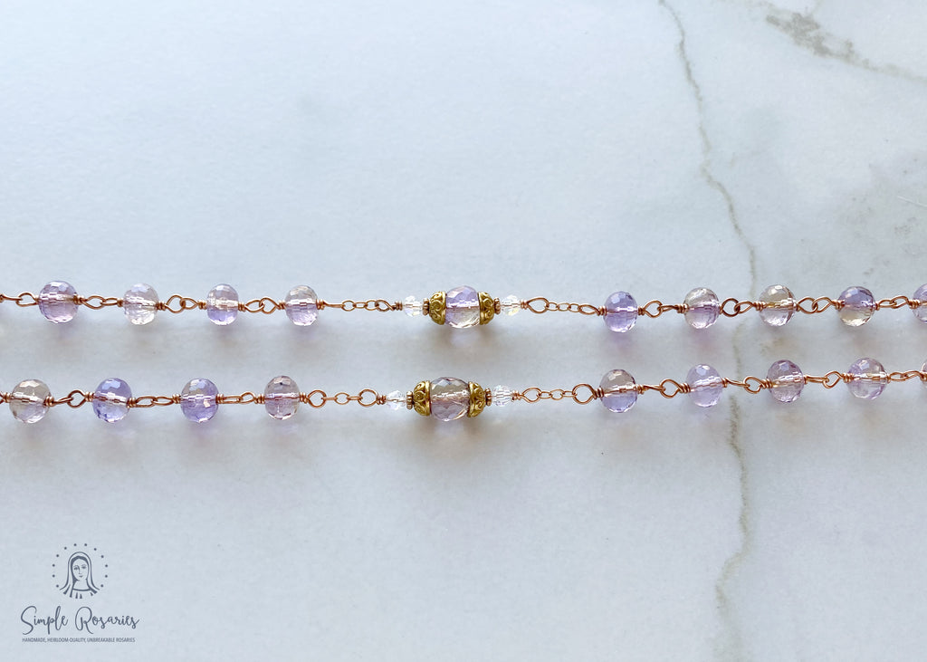 handmade, heirloom-quality, unbreakable ametrine rosary, solid bronze construction, high-quality gemstones