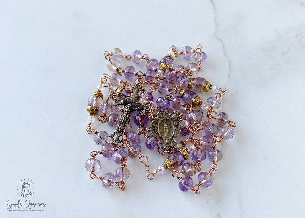 handmade, heirloom-quality, unbreakable ametrine rosary, solid bronze construction, high-quality gemstones