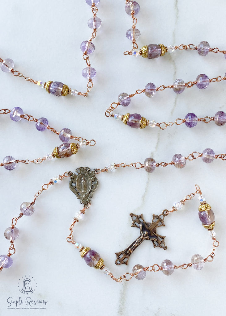 handmade, heirloom-quality, unbreakable ametrine rosary, solid bronze construction, high-quality gemstones