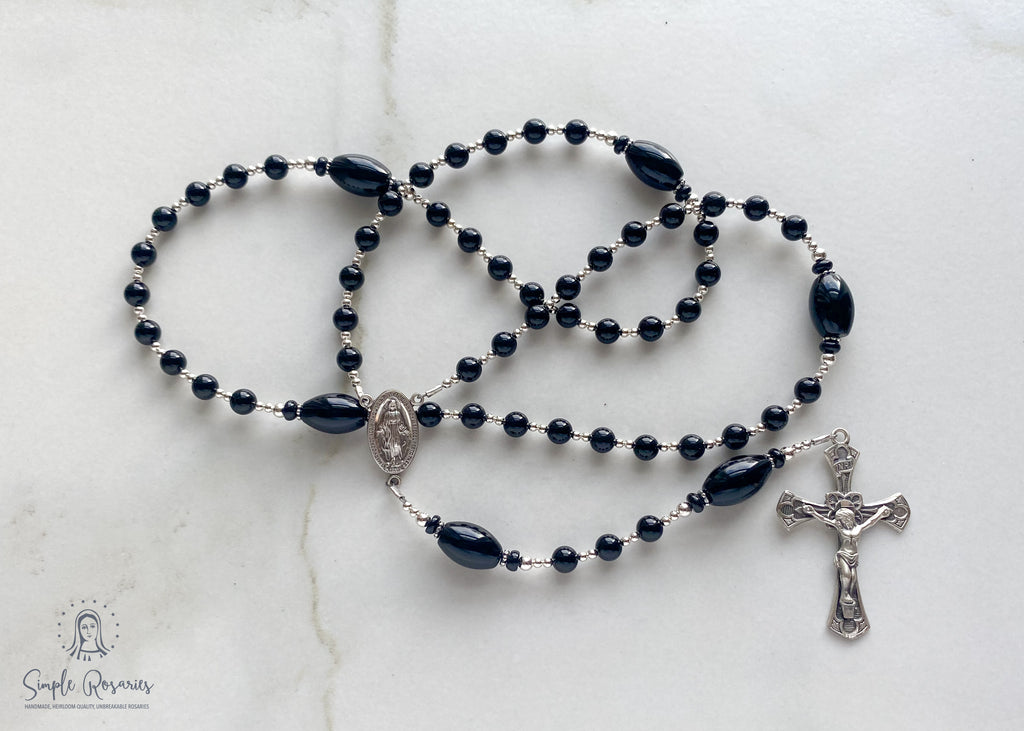 soft flex, sterling silver, onyx rosary, solid sterling silver components, high quality gemstones, handmade, heirloom-quality, miraculous medal, crucifix