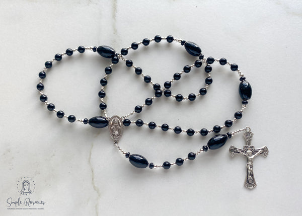 soft flex, sterling silver, onyx rosary, solid sterling silver components, high quality gemstones, handmade, heirloom-quality, miraculous medal, crucifix