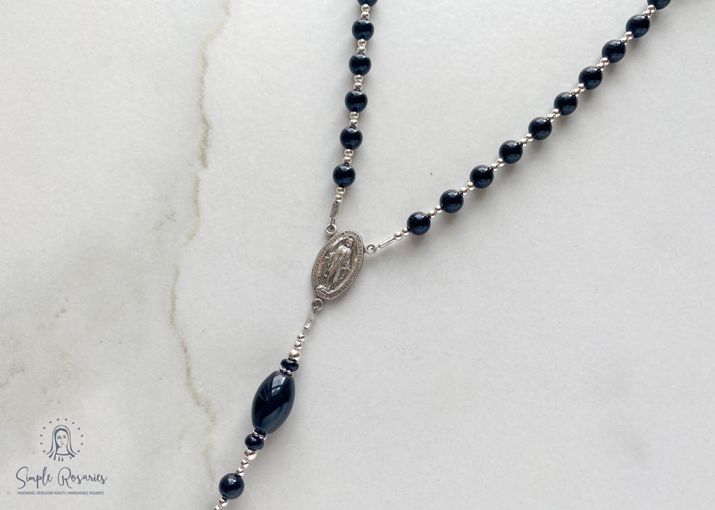 soft flex, sterling silver, onyx rosary, solid sterling silver components, high quality gemstones, handmade, heirloom-quality, miraculous medal, crucifix