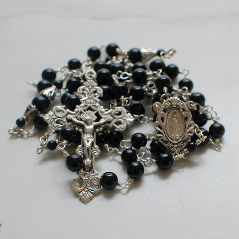 the Dominic Rosary, handmade heirloom quality, unbreakable rosary high end gemstones onyx and solid sterling silver construction