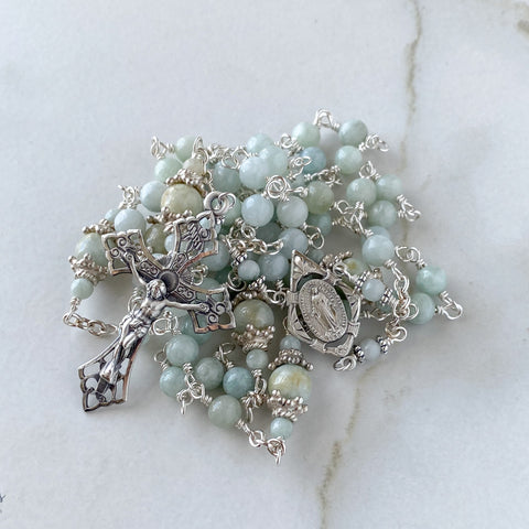 the Genevieve rosary, handmade heirloom quality unbreakable rosaries high end gemstones, jadeite and solid sterling silver construction