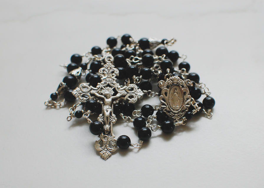 the Dominic Rosary, handmade, unbreakable, heirloom-quality rosary beads, onyx and sterling silver construction, high-quality gemstones 