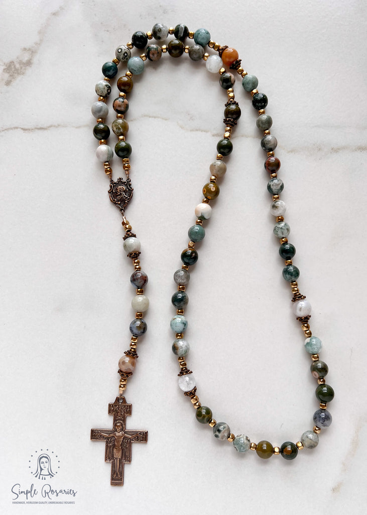handmade heirloom quality unbreakable bronze rosary with ocean jasper beads and solid bronze crucifix, center, and components, made to last