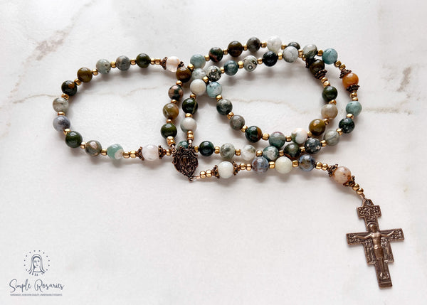 handmade heirloom quality unbreakable bronze rosary with ocean jasper beads and solid bronze crucifix, center, and components, made to last