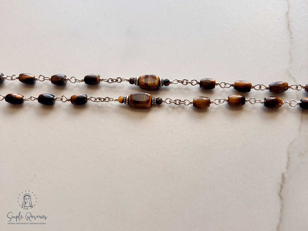sterling silver and tiger eye rosary with solid sterling silver components and construction, handmade, heirloom-quality, high-quality gemstone, unbreakable rosary