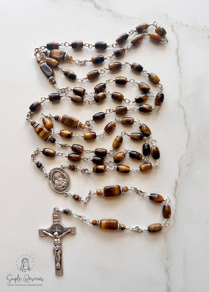 sterling silver and tiger eye rosary with solid sterling silver components and construction, handmade, heirloom-quality, high-quality gemstone, unbreakable rosary