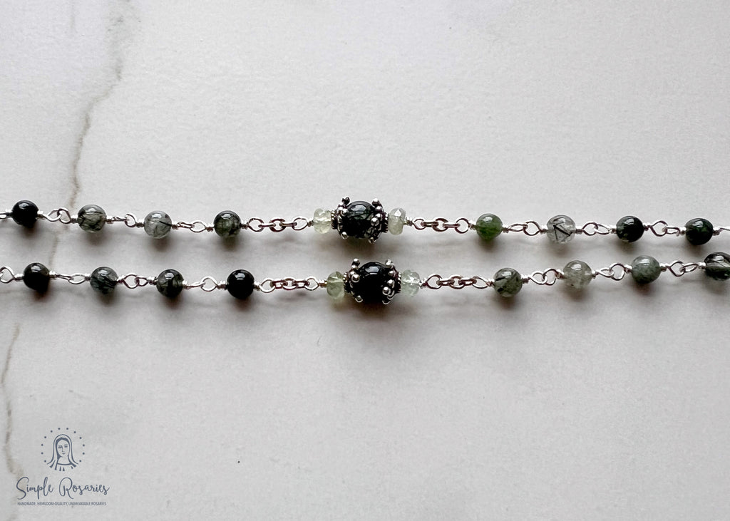 handmade, heirloom-quality, unbreakable green amethyst rosary, solid sterling silver construction