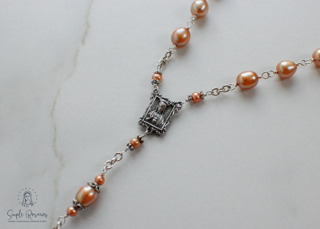 handmade, heirloom-quality, unbreakable pearl rosary, orange beads