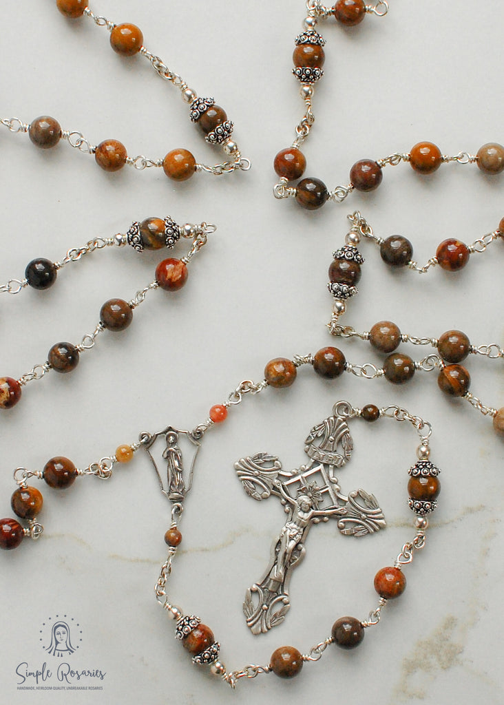 handmade, heirloom-quality, unbreakable wooden agate rosary, solid sterling silver construction