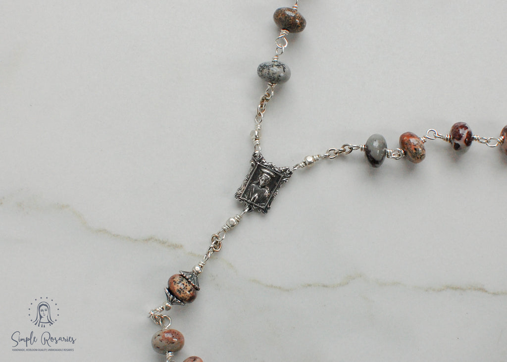 handmade, heirloom-quality, unbreakable jasper rosary, solid sterling silver construction
