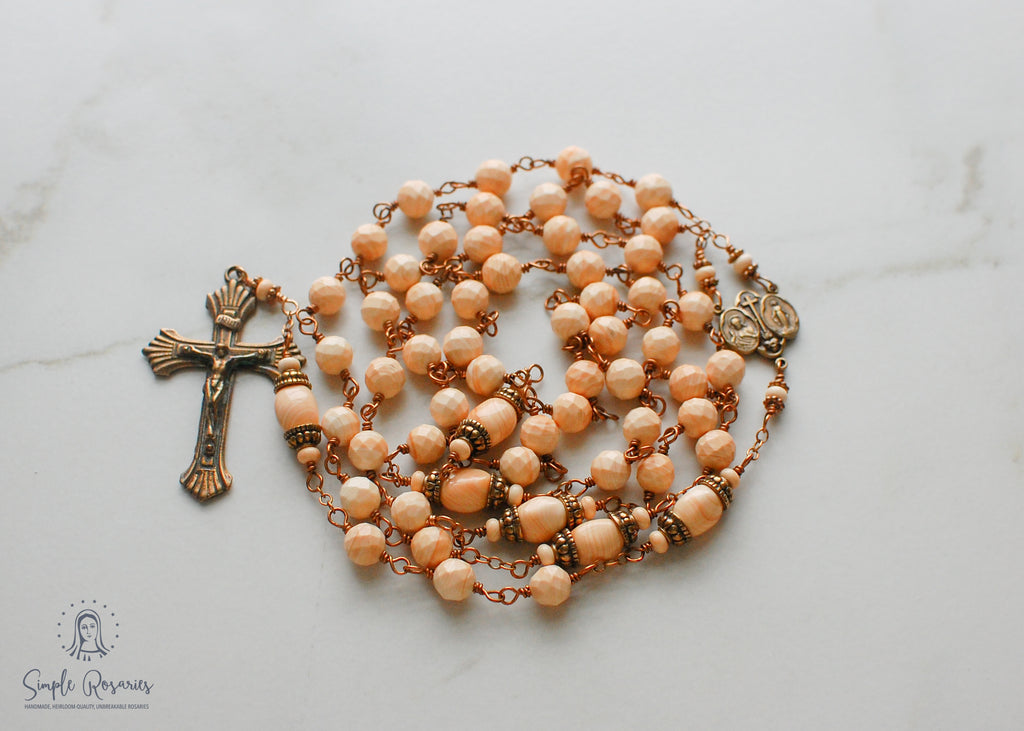 handmade, heirloom-quality, unbreakable, high end gemstone corniola shell rosary solid bronze construction