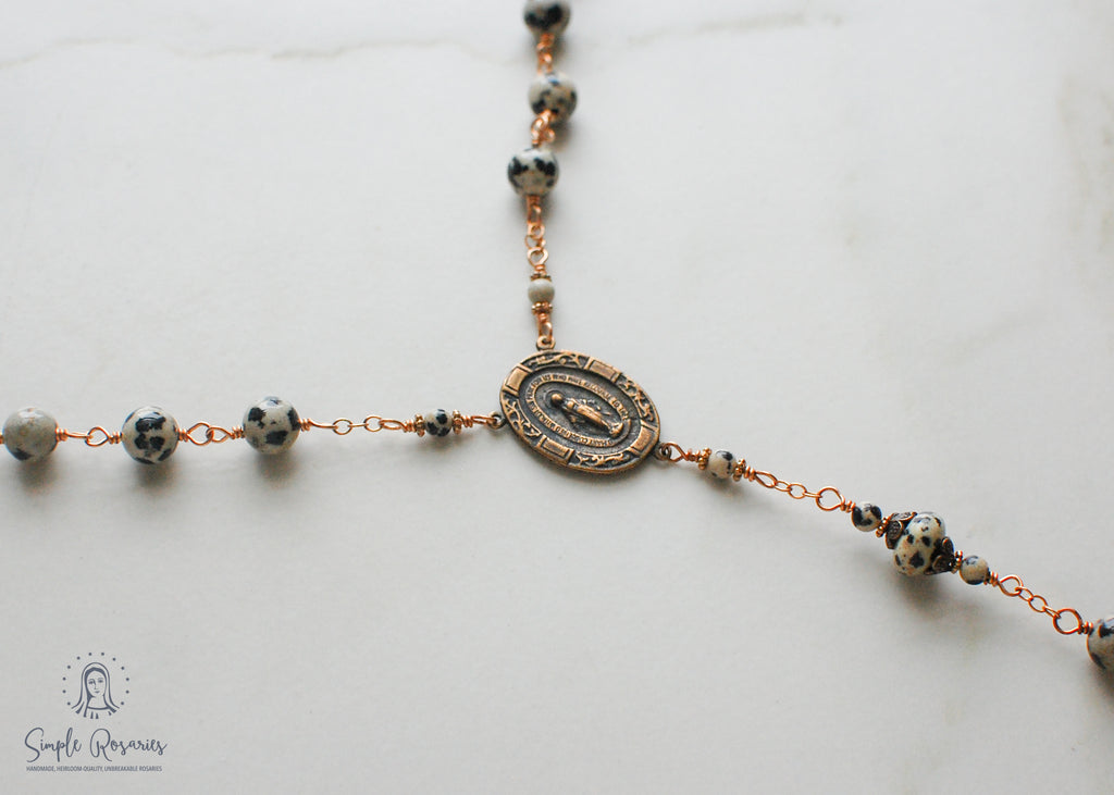 handmade, heirloom-quality, unbreakable, high end gemstone Dalmatian jasper rosary solid bronze construction