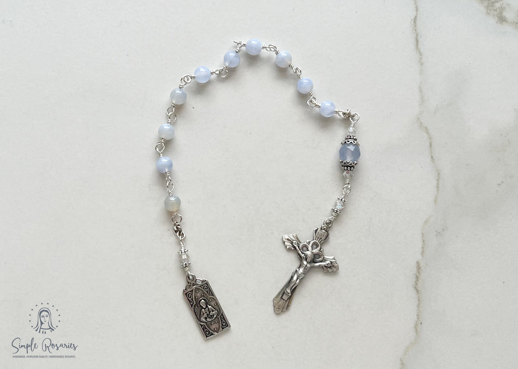handmade, heirloom-quality, unbreakable chaplet with chalcedony and sterling silver components, Swarovski Crystal accents, scapular medal 